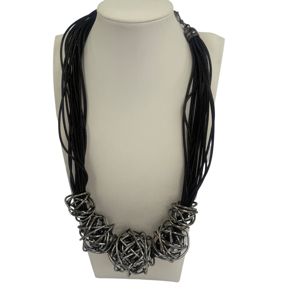 Black Multi Strand Cord Statement Necklace Silver Wire Birdcage Beads Industrial